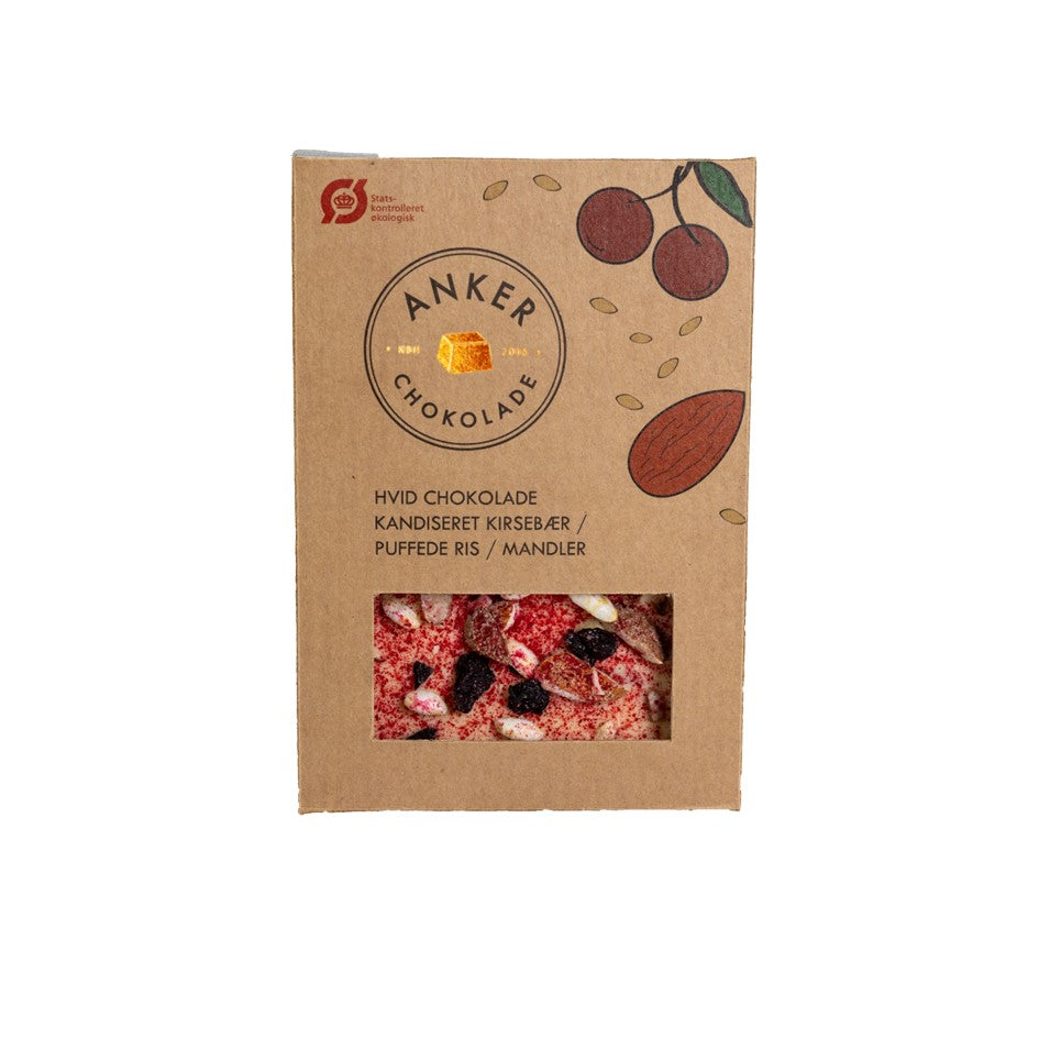 Hvid chokolade / Kandiseret Kirsebær / Puffede Ris / Mandler - Anker Chokolade